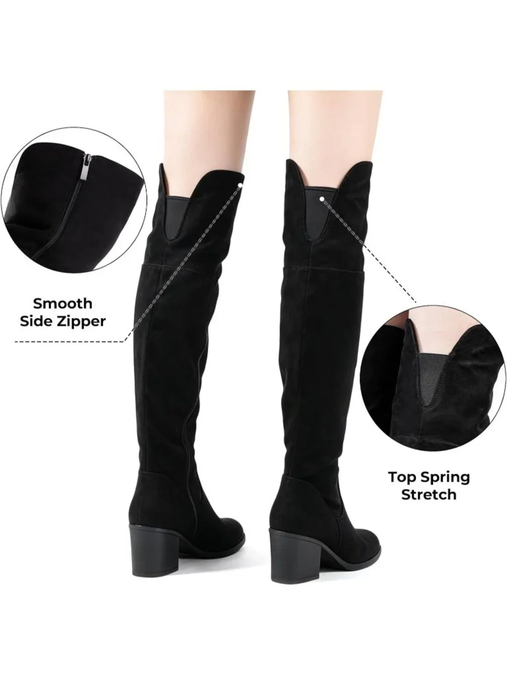 Women's Black Stacked Block Heeled Pointed Toe Side Zipper Thigh High Boots